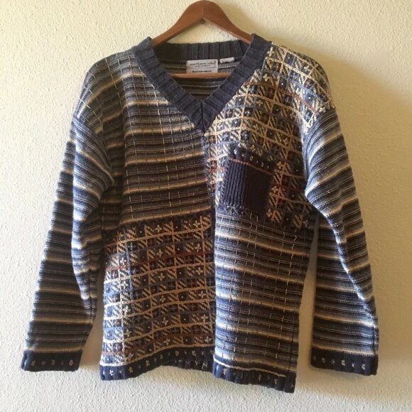 VTG Northern Isles Hand Embroidered Knit Sweater Stripes Patchwork Pocket XL - Picture 1 of 7